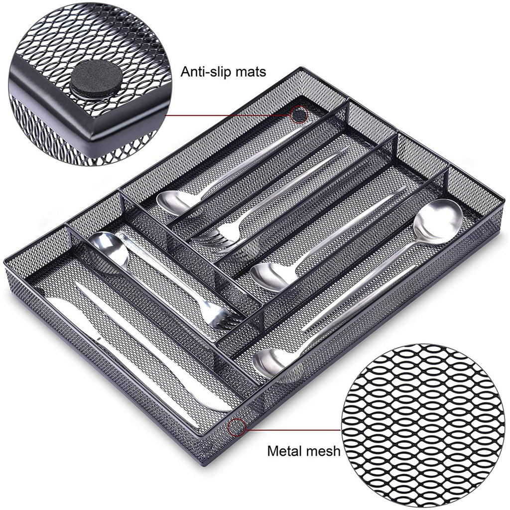 Black Metal Mesh Kitchen Flatware Organizer Tray with Non Slip Mat D67456