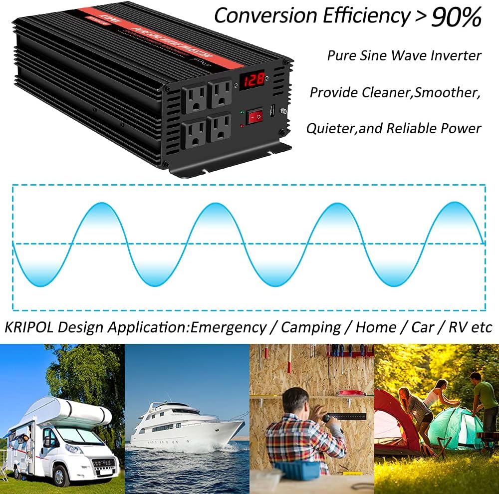 1000 Watt Pure Sine Wave Inverter 12v DC to 110/120v AC N414