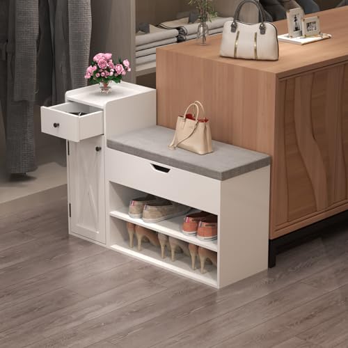2-Tier Shoe Storage Bench with Sliding Barn Door Storage Cabinets & Removable Seat Cushion J111