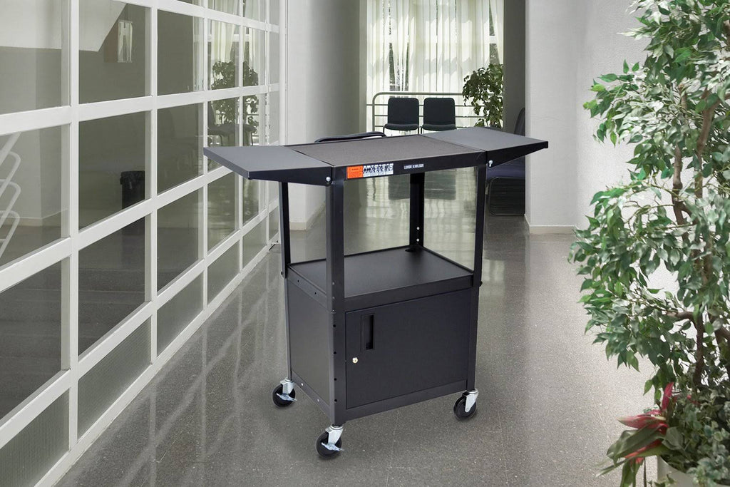 Adjustable Height Steel AV Cart with Cabinet and Drop Leaf H23685