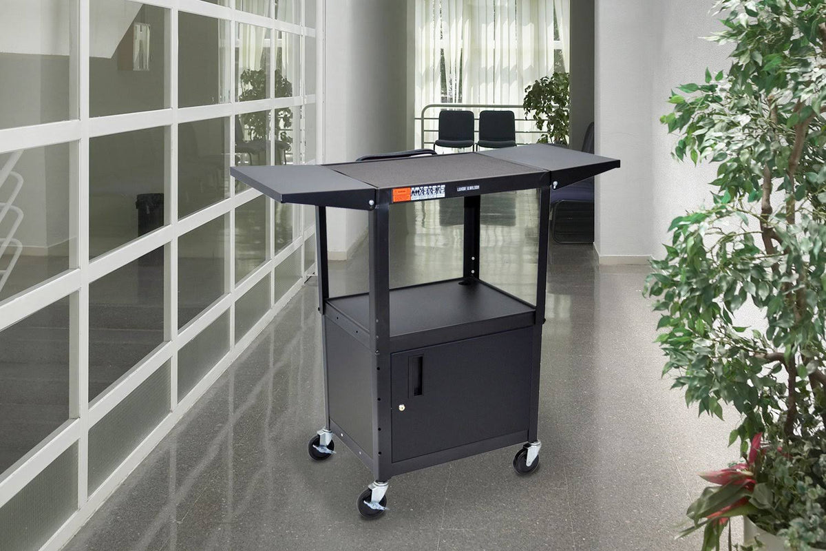 Adjustable Height Steel AV Cart with Cabinet and Drop Leaf H23685