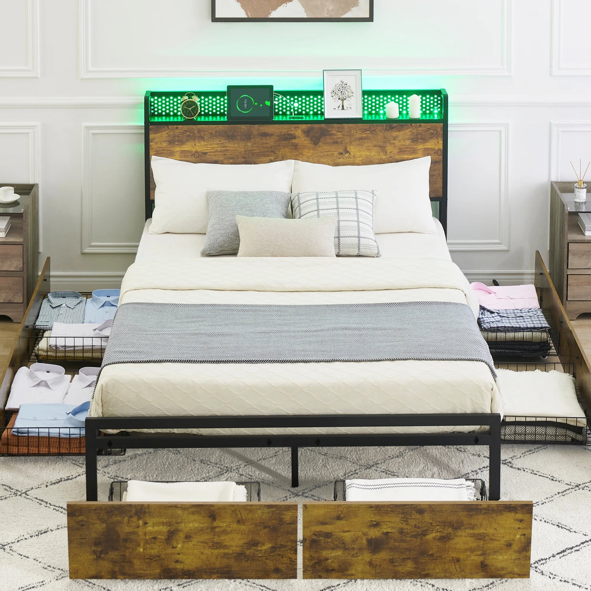 Queen Size Platform Bed Frame with Storage Headboard and 6 Drawers N587
