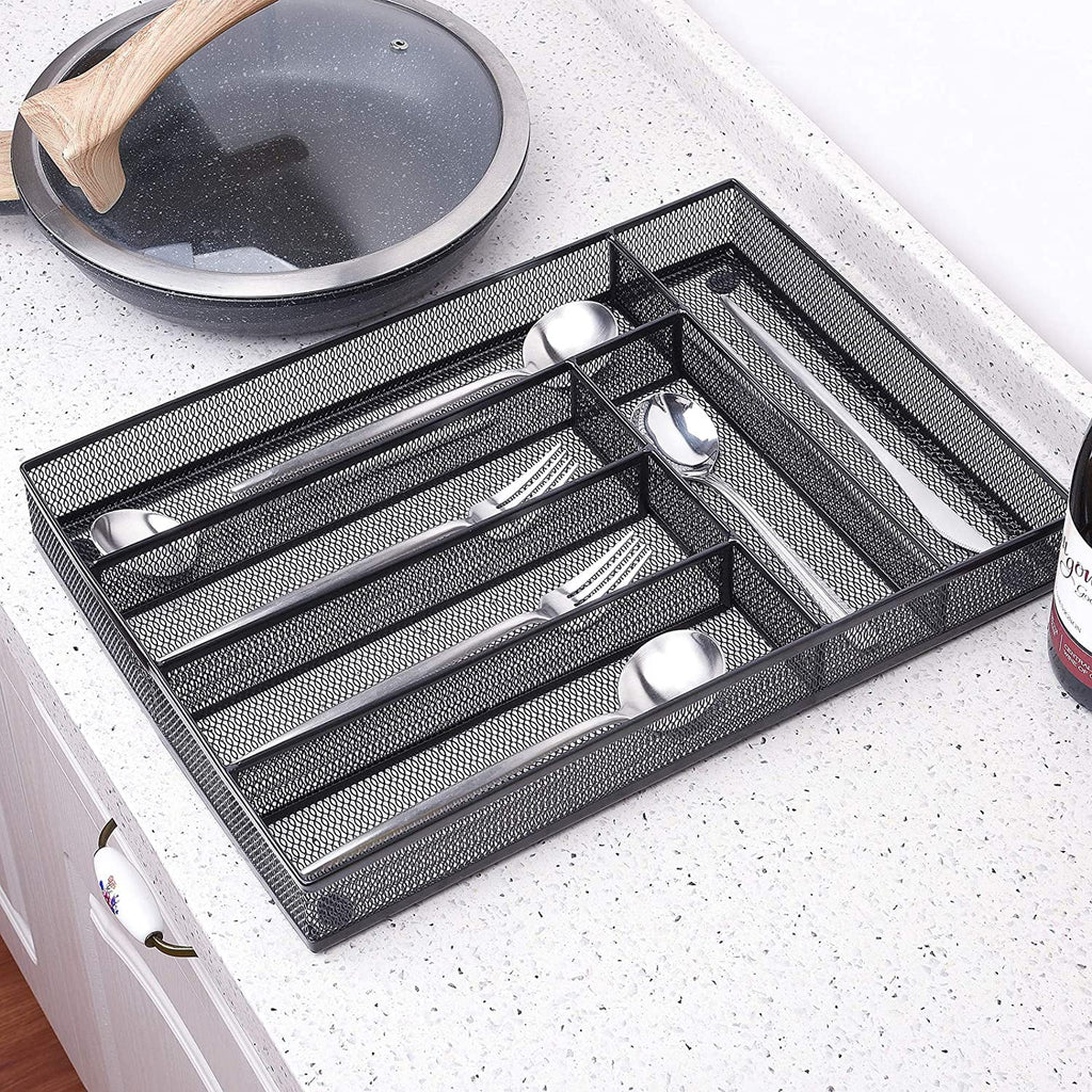 Black Metal Mesh Kitchen Flatware Organizer Tray with Non Slip Mat D67456