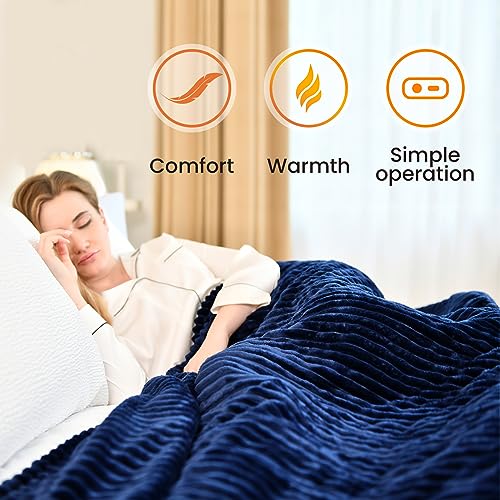 Navy Blue Queen Size Striped Electric Fleece Blanket with 6 Heat Levels and Auto-Off D60556