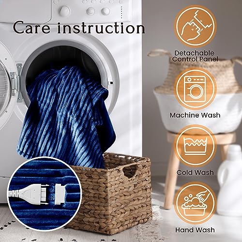 Navy Blue Queen Size Striped Electric Fleece Blanket with 6 Heat Levels and Auto-Off D60556