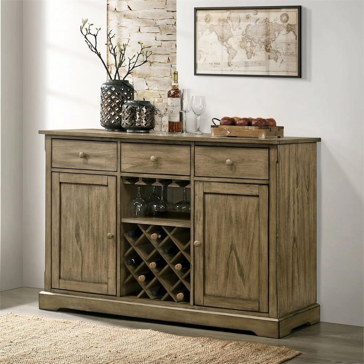 Light Brown Wood Server with Wine Rack O8024