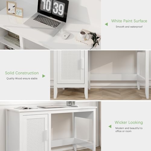 White Rattan Wood Desk with Drawers and Cabinet M894750