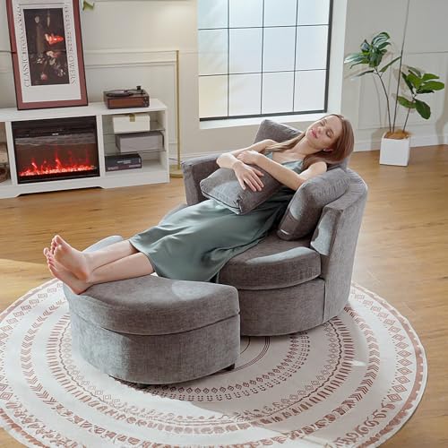 White Large Swivel Accent Barrel Chair with Ottoman N786228
