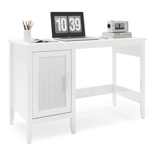 White Rattan Wood Desk with Drawers and Cabinet M894750