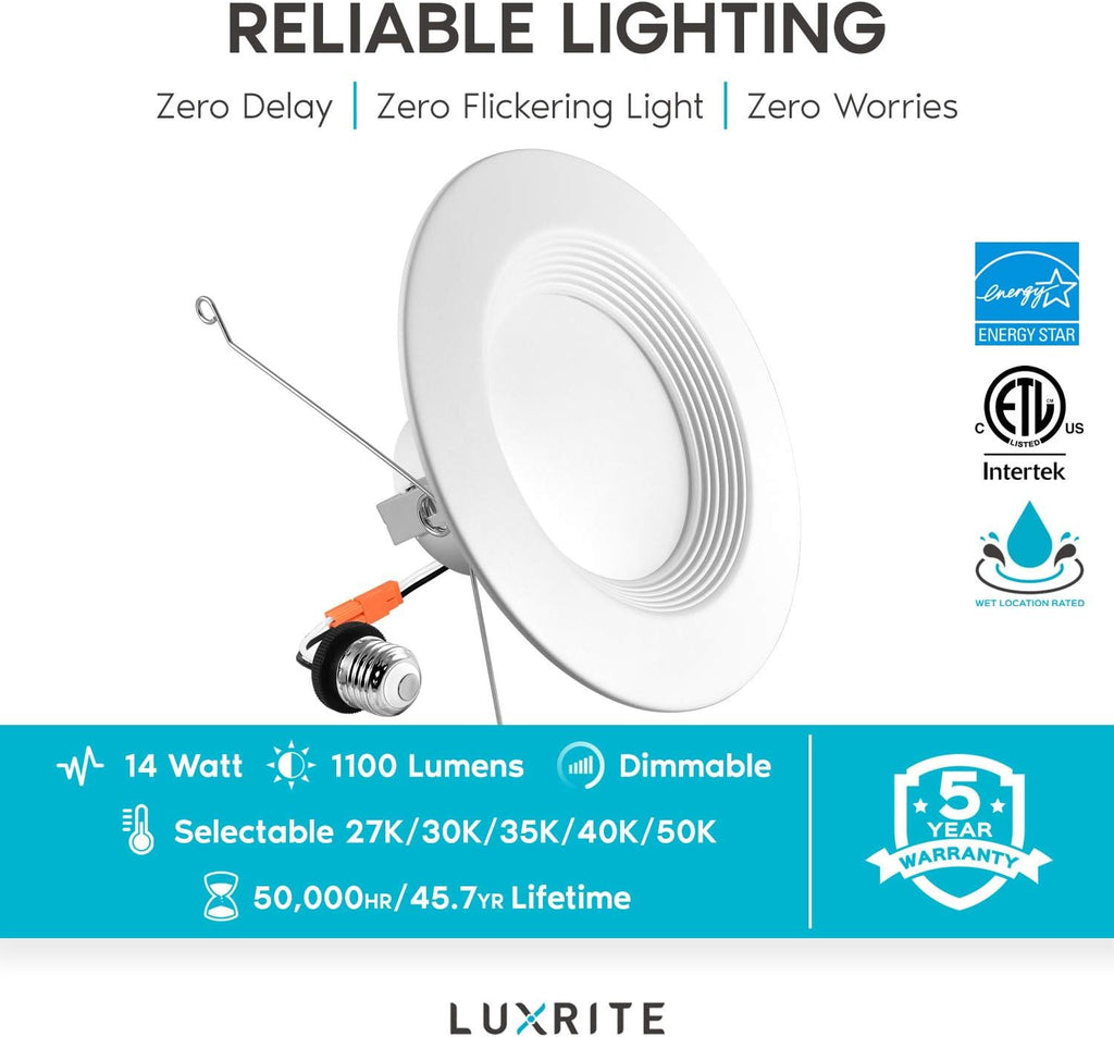 5/6 Inch LED Recessed Retrofit Downlight, 14W, Color Selectable, Dimmable, 1100 Lumens, 4 Pack T5468