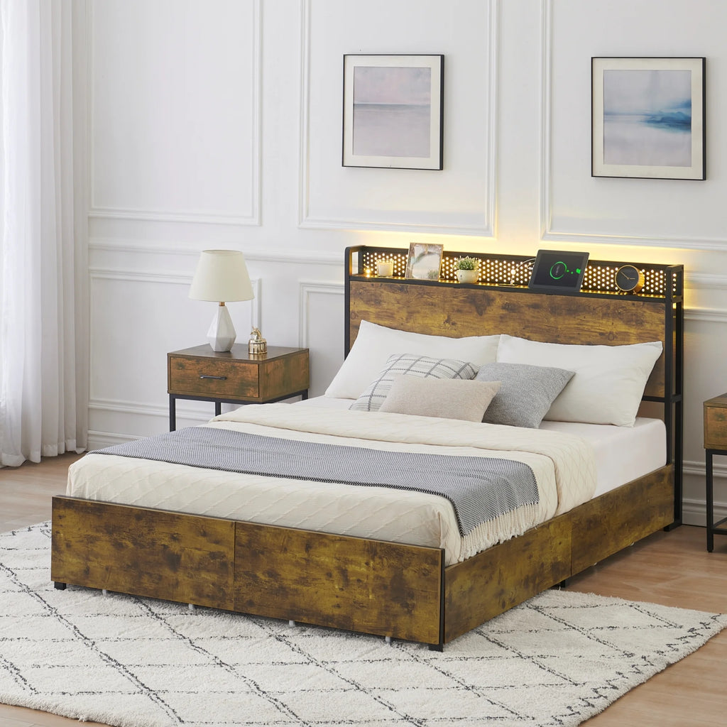 Queen Size Platform Bed Frame with Storage Headboard and 6 Drawers N587