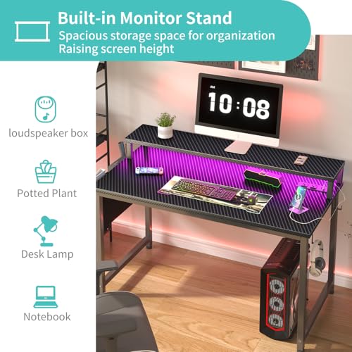 Black 40 Inch Gaming Desk with LED Lights and Power Outlets W26391