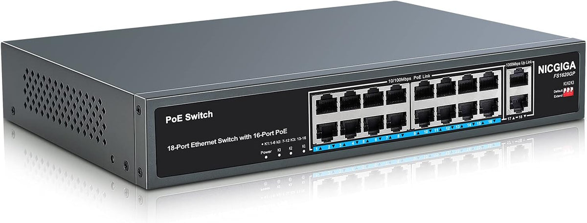 18 Port Gigabit PoE Switch with 16 Ports 1000Mbps PoE+@250W, 2 Gigabit Uplink Ports, VLAN Mode, Metal Case, Desktop/Rack Mount, Unmanaged V133