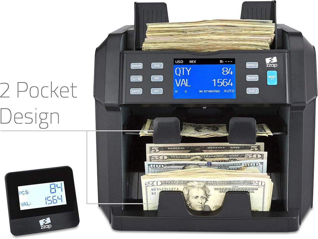 Mixed Denomination Bill Counter 2 Pocket Sorter Counterfeit Detector R82571