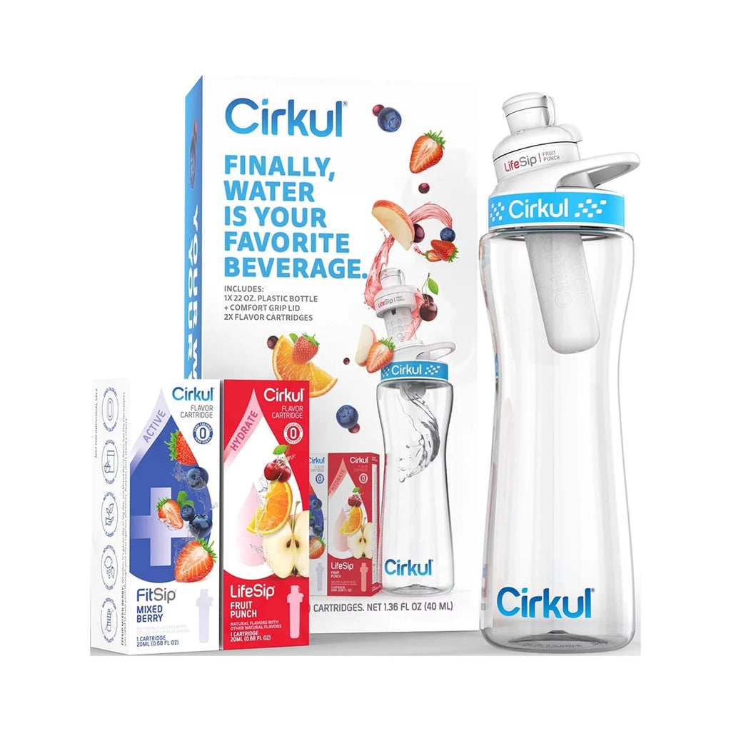 22oz Plastic Water Bottle Starter Kit with Blue Lid and 2 Flavor Cartridges P189877