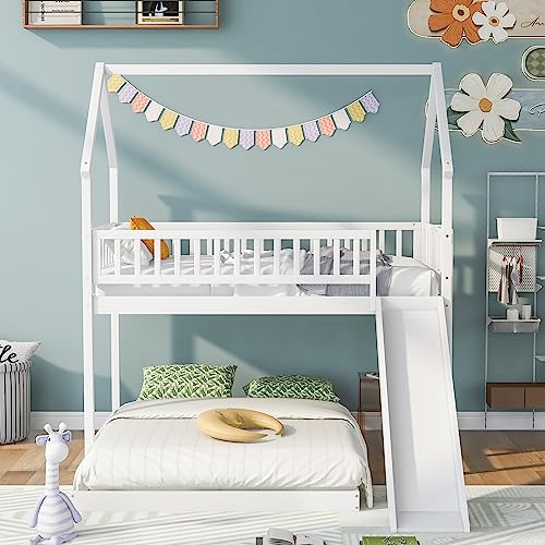 Twin Over Twin Solid Wood House Bunk Bed with Trundle and Slide L381862