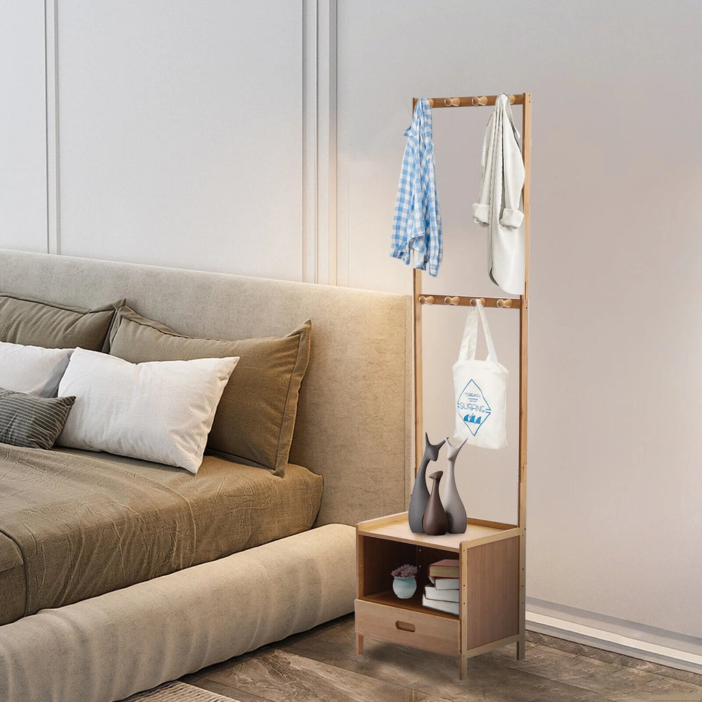 Bamboo Coat Hat Rack Shoe Bench with 8 Hooks A1241