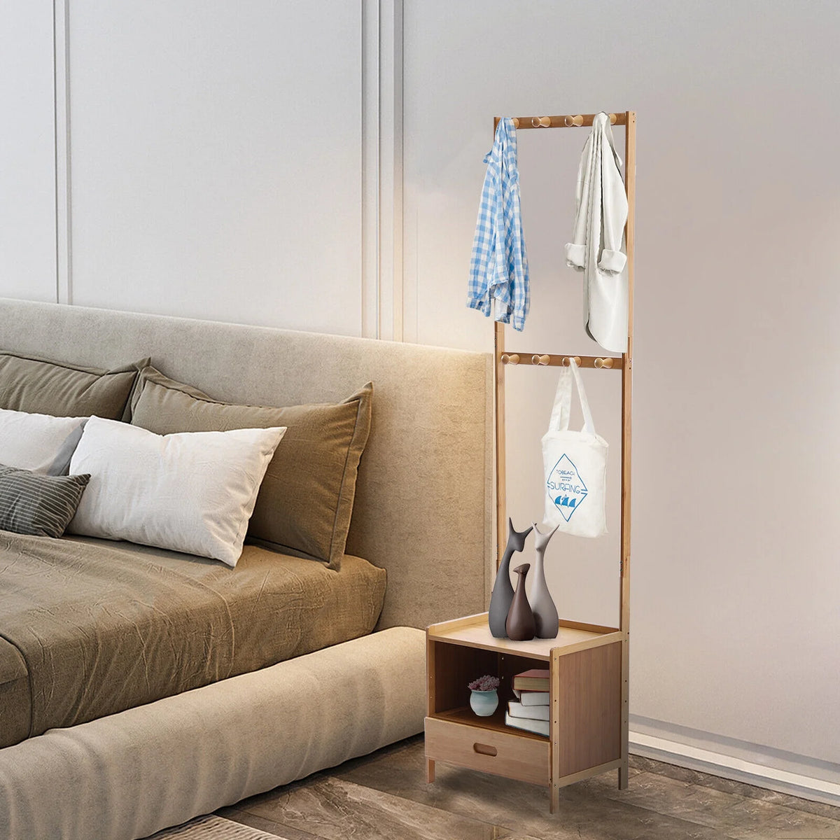 Bamboo Coat Hat Rack Shoe Bench with 8 Hooks A1241