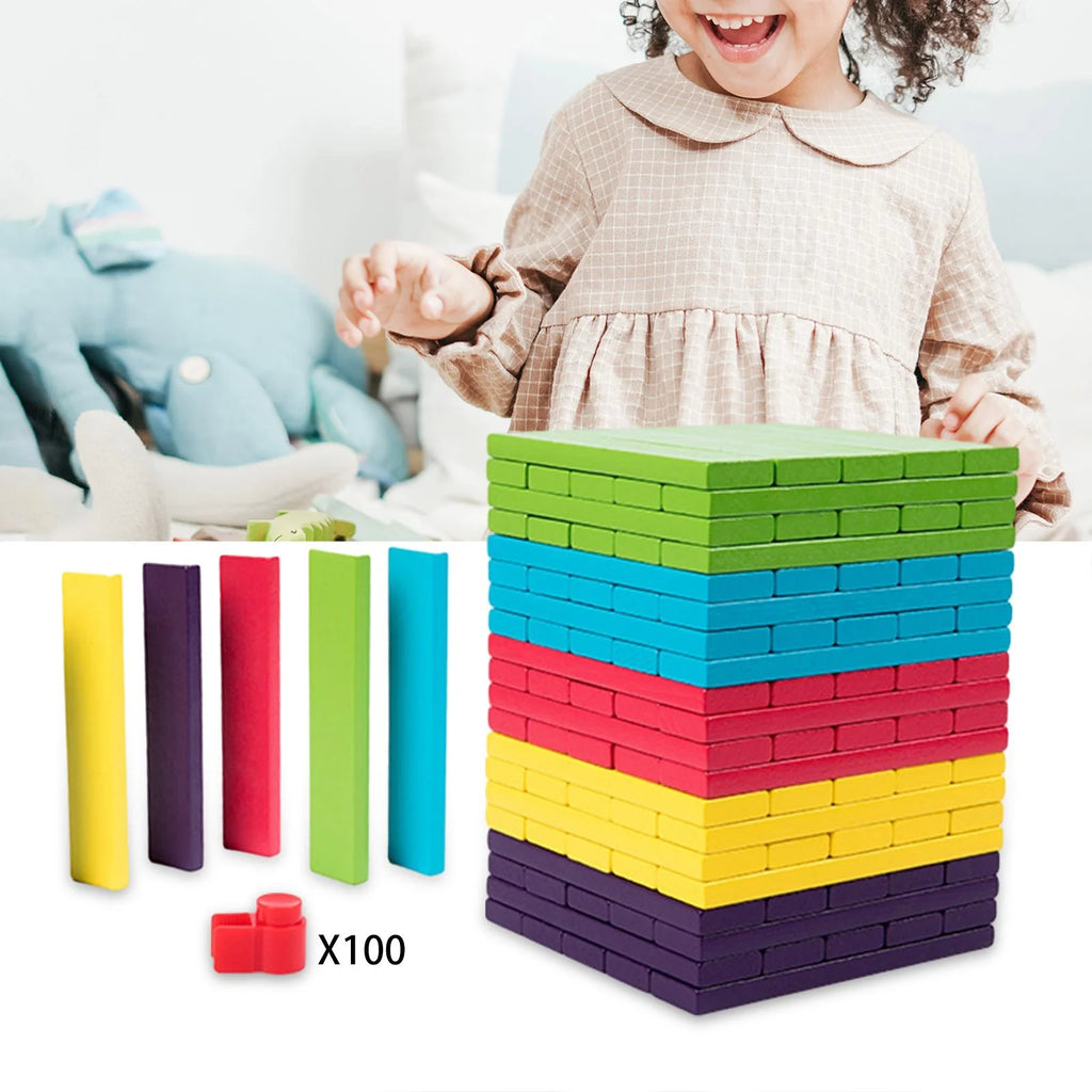 100 Pieces Wooden Stacking Blocks Building Kits Board Game E7188