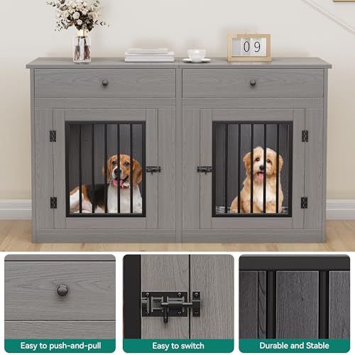 60" Wooden Dog Crate Furniture with Divider Storage Drawers Double Door Grey S4163