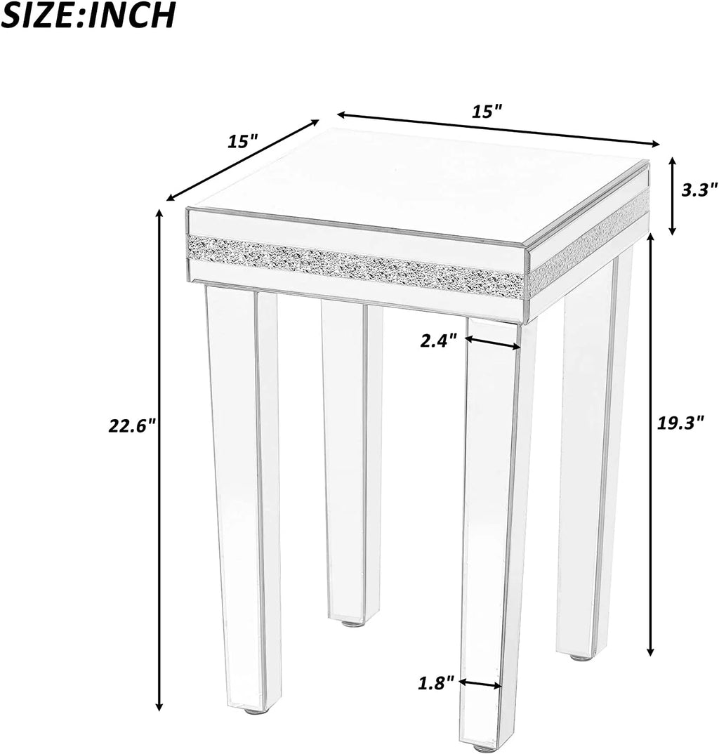 Modern Glass Mirrored Side Table with Crystal Design and Adjustable Height Legs P30301
