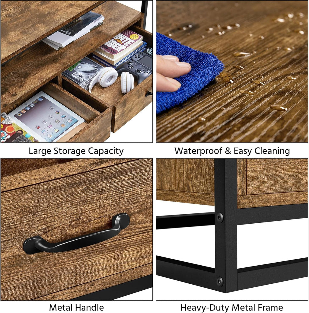 Farmhouse Coffee Table with Open Storage Shelves and 2 Drawers, Metal Frame, Rustic Brown S7742
