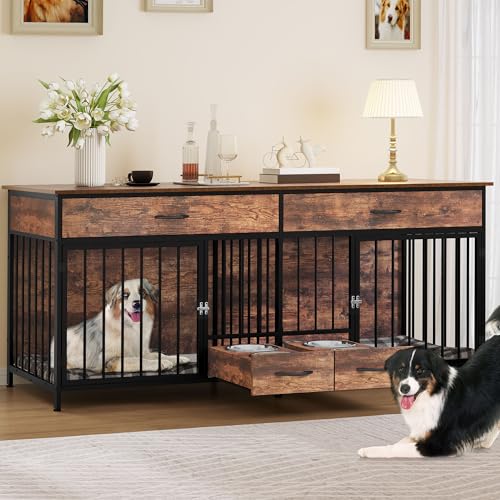 Brown Wooden Double Dog Crate Furniture with Drawers I8775