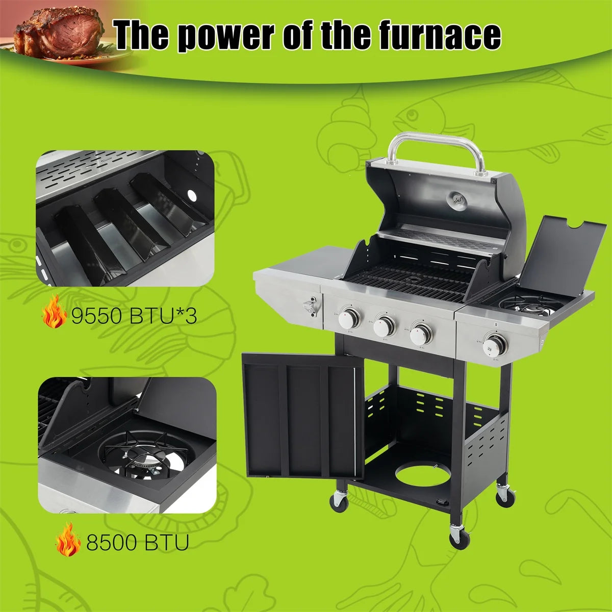 3 Burner Propane Gas Grill with Side Burner, Stainless Steel, Black D676