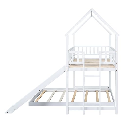 Twin Over Twin Solid Wood House Bunk Bed with Trundle and Slide L381862