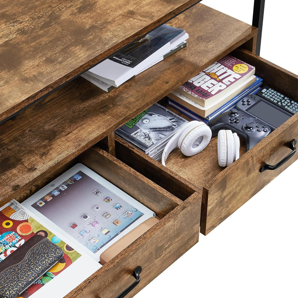 Farmhouse Coffee Table with Open Storage Shelves and 2 Drawers, Metal Frame, Rustic Brown S7742
