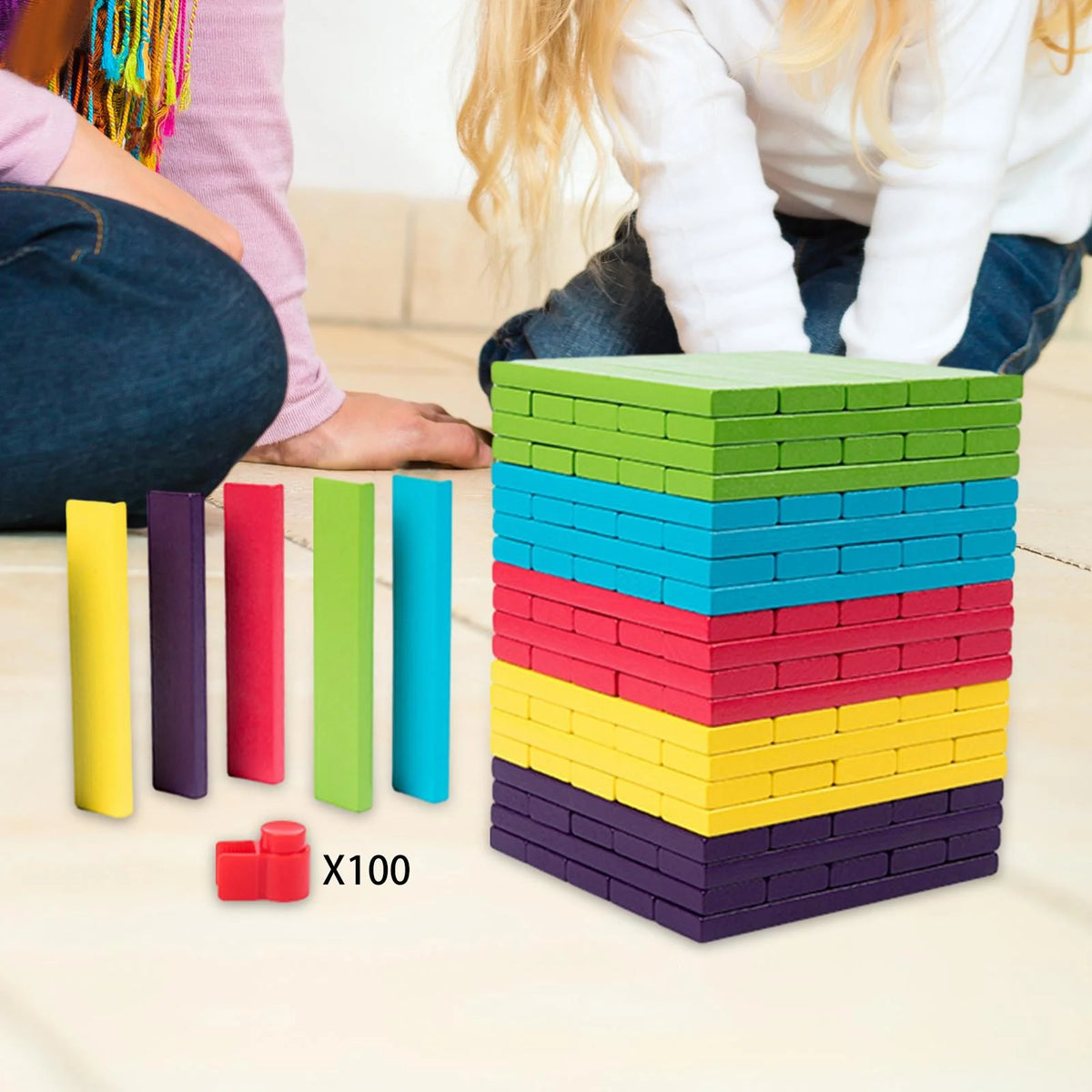 100 Pieces Wooden Stacking Blocks Building Kits Board Game E7188