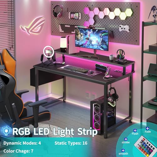 Black 40 Inch Gaming Desk with LED Lights and Power Outlets W26391