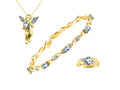 Yellow Gold Plated Silver Hugs & Kisses Angel Necklace, Tennis Bracelet, & Ring Adjustable 7"-8" Wrist & 18" Chain Aquamarine Birthstone Jewelry F58828