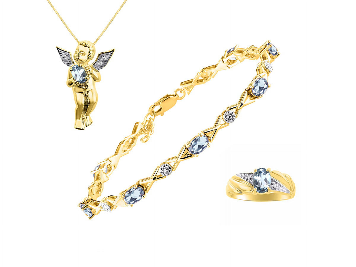 Yellow Gold Plated Silver Hugs & Kisses Angel Necklace, Tennis Bracelet, & Ring Adjustable 7"-8" Wrist & 18" Chain Aquamarine Birthstone Jewelry F58828