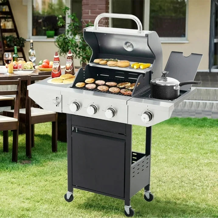 3 Burner Propane Gas Grill with Side Burner, Stainless Steel, Black D676