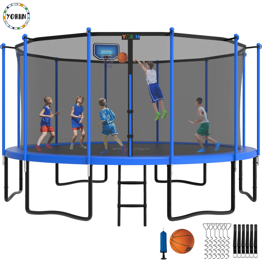 12FT 14FT 15FT Trampoline with Safety Enclosure Net, Basketball Hoop and Ladder C370111