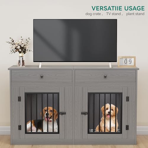 60" Wooden Dog Crate Furniture with Divider Storage Drawers Double Door Grey S4163