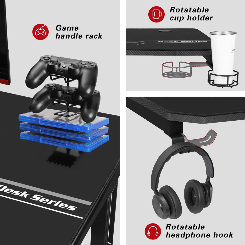 Black Gaming Computer Desk with Cup Holder and Headphone Hook Q401511