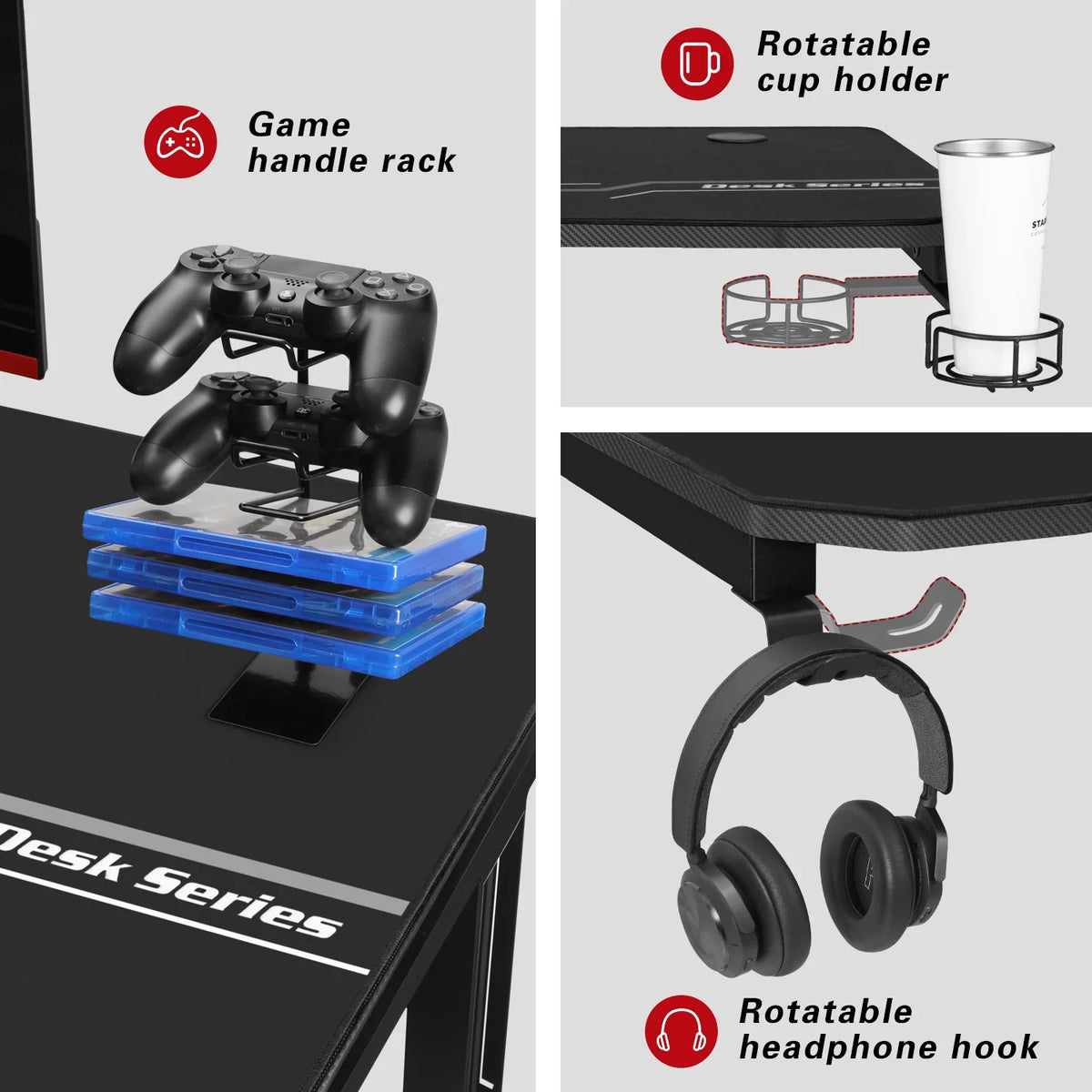 Black Gaming Computer Desk with Cup Holder and Headphone Hook Q401511