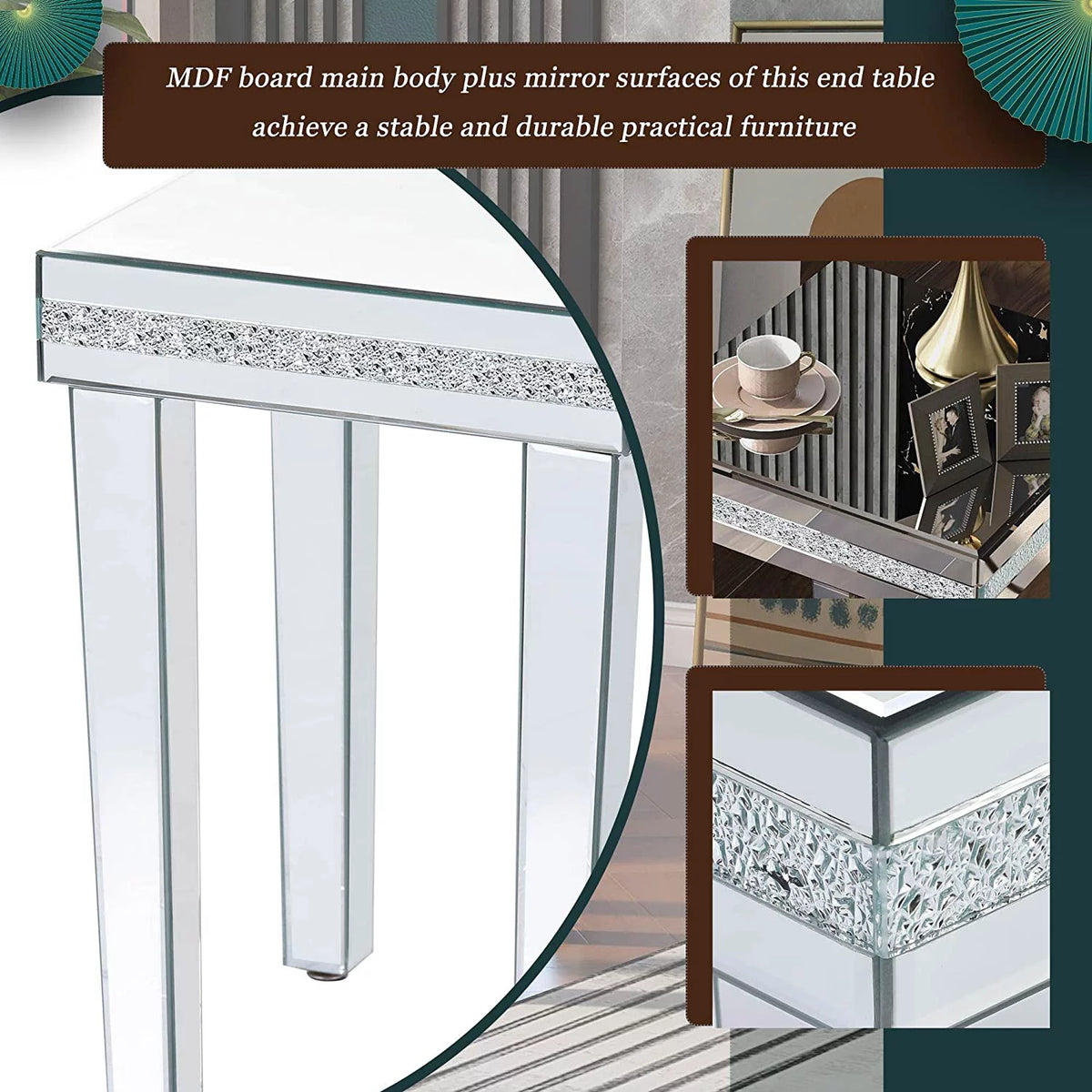 Modern Glass Mirrored Side Table with Crystal Design and Adjustable Height Legs P30301