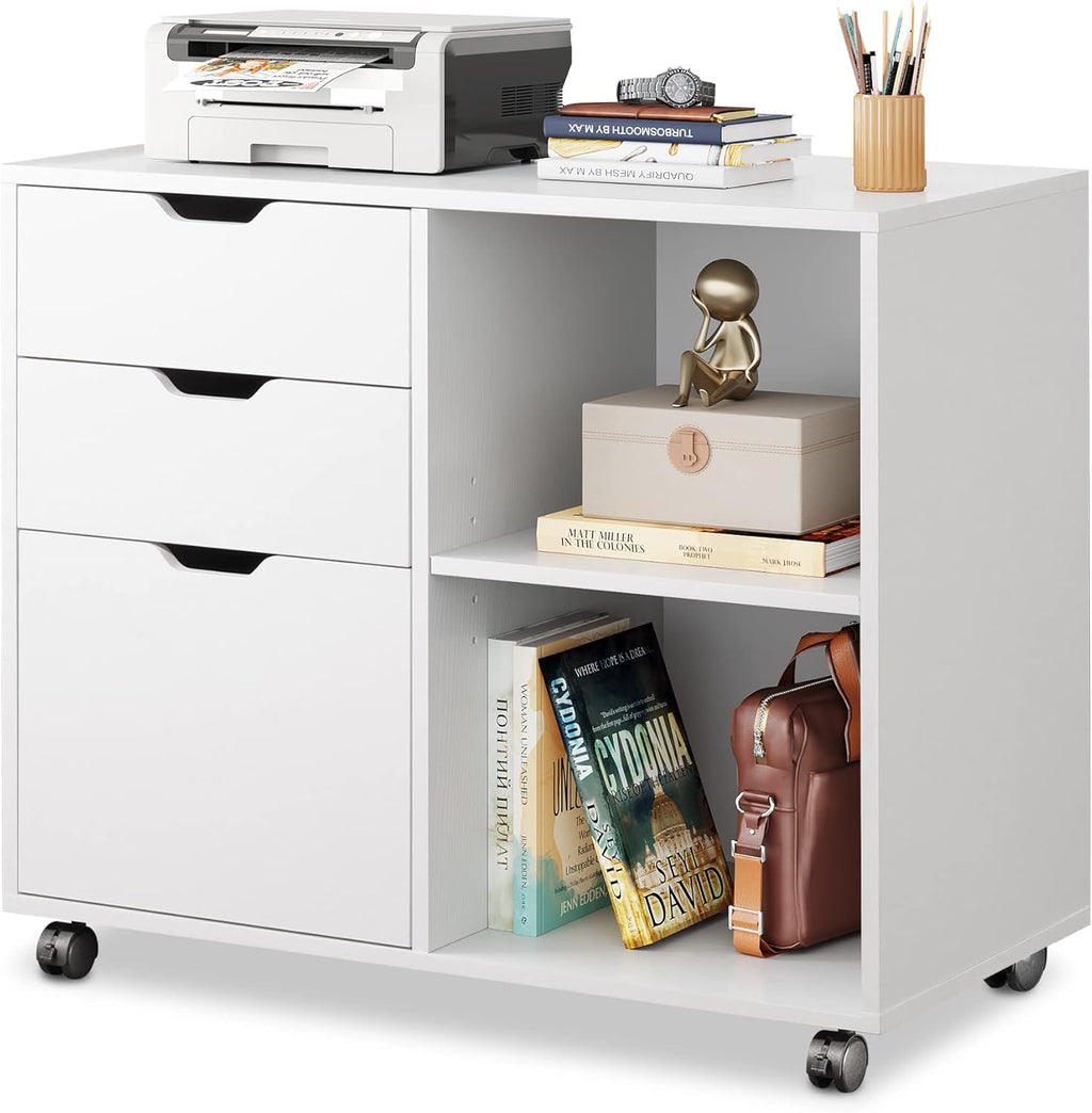White 3-Drawer Mobile Wood File Cabinet with Open Storage Shelves U98471
