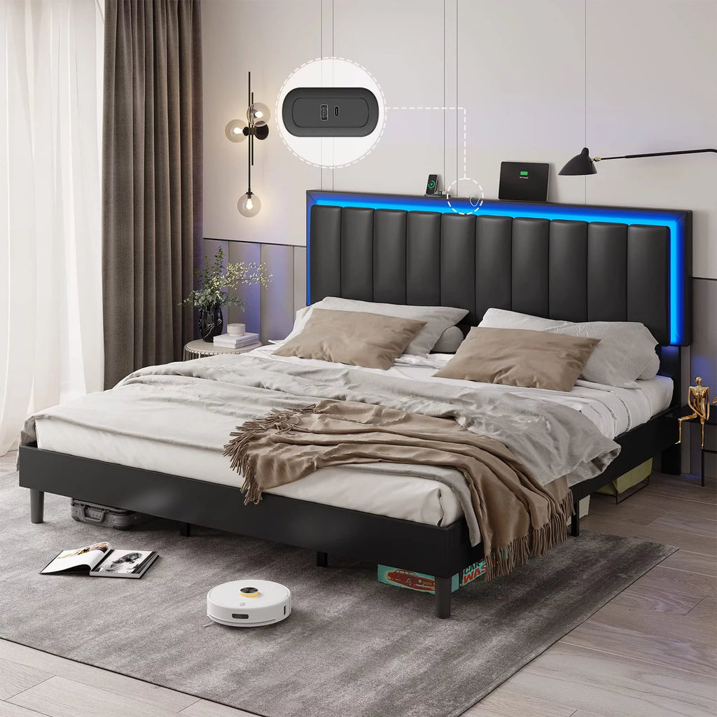 King Leather Upholstered Platform Bed with Charging Station and LED Lights G791891