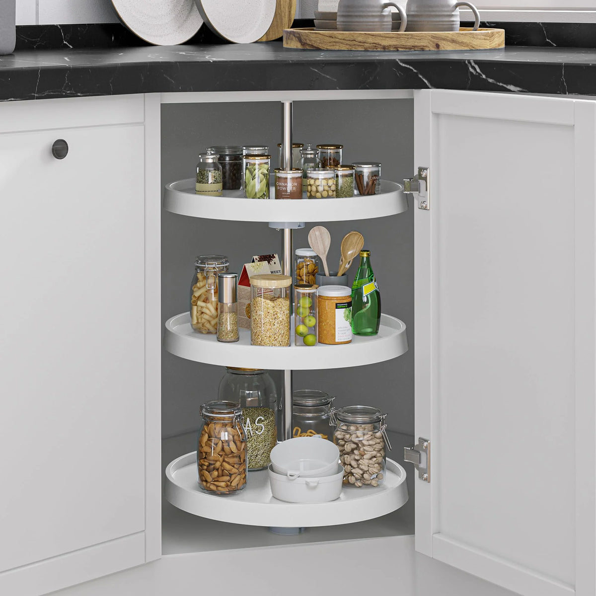 18-Inch 3-Shelf Lazy Susan Corner Kitchen Cabinet Organizer with Telescoping Mount, White V42343