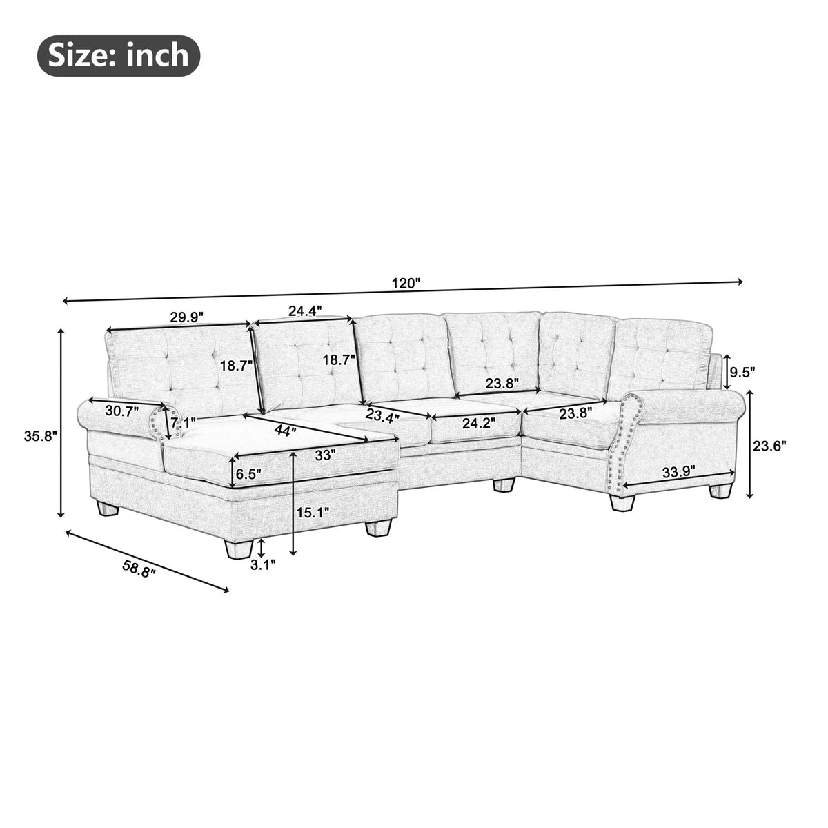 120" U-Shaped Linen Sectional Sofa W49632