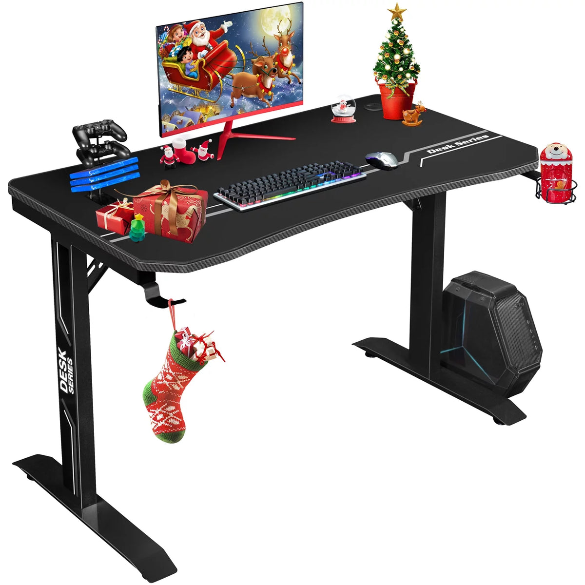 Black Gaming Computer Desk with Cup Holder and Headphone Hook Q401511