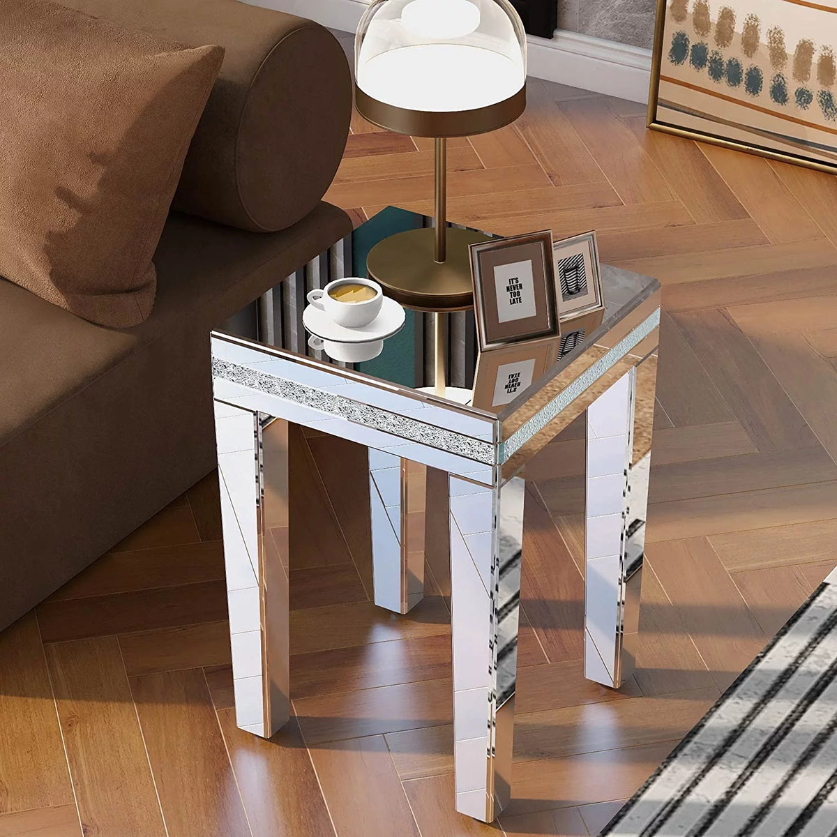 Modern Glass Mirrored Side Table with Crystal Design and Adjustable Height Legs P30301