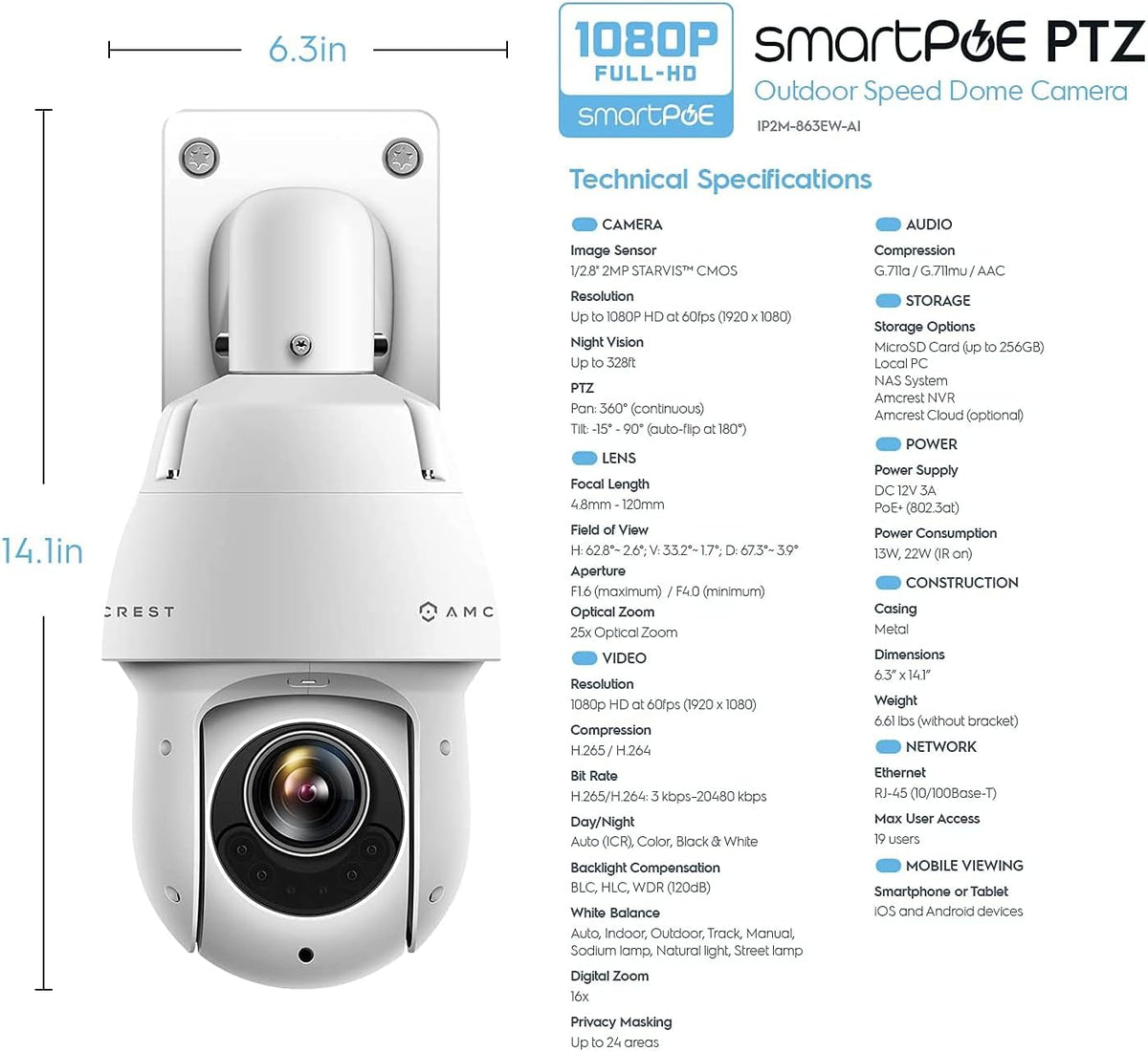 2MP Outdoor PTZ POE IP Camera Security Speed Dome A40761