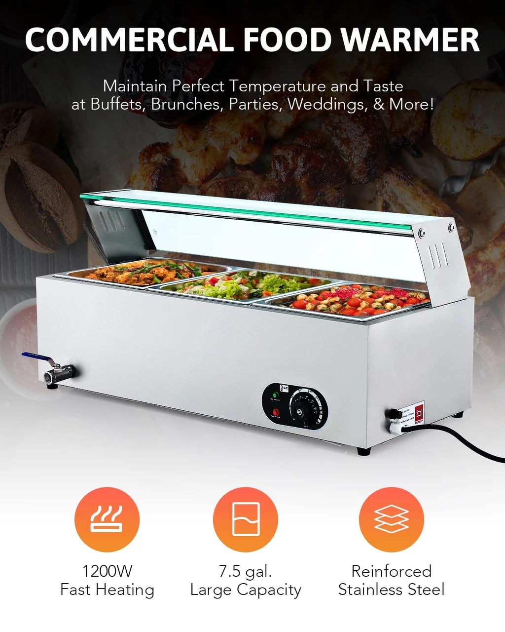 3 Pan Food Warmer Buffet Server with Glass Shelf I574