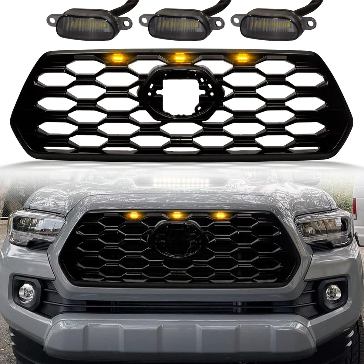 Bright Black Front Grill with Grey Letters and Amber Lights C5189