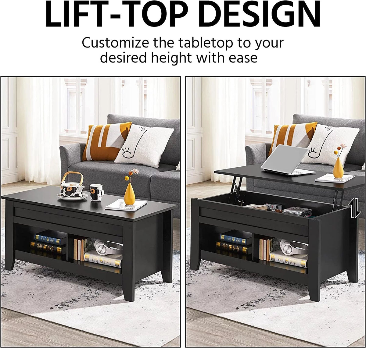 Black Lift Top Coffee Table with Hidden Storage Drawers H3669